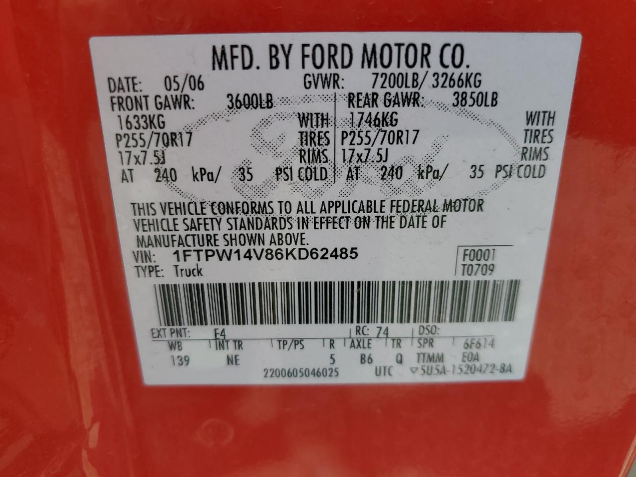 2006 Ford F150 Supercrew VIN: 1FTPW14V86KD62485 Lot: 65241915