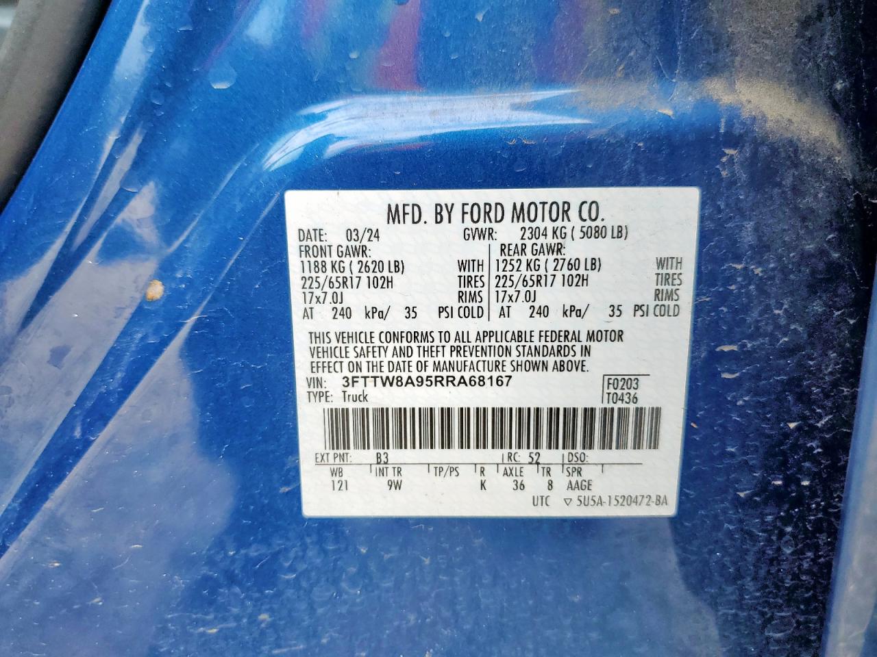 2024 Ford Maverick Xl VIN: 3FTTW8A95RRA68167 Lot: 66549855