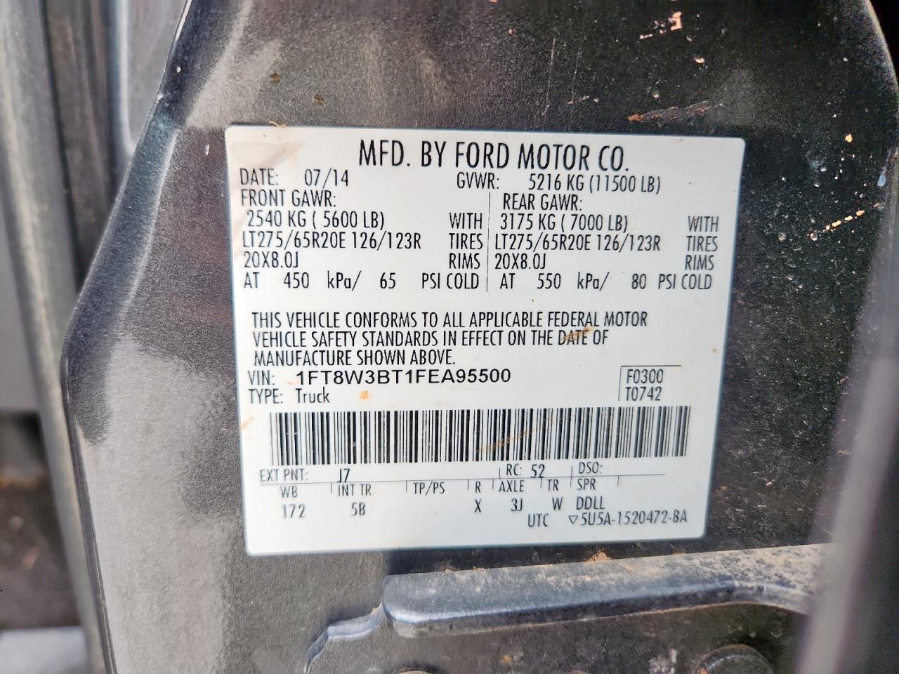 2015 Ford F350 Super Duty VIN: 1FT8W3BT1FEA95500 Lot: 64408695