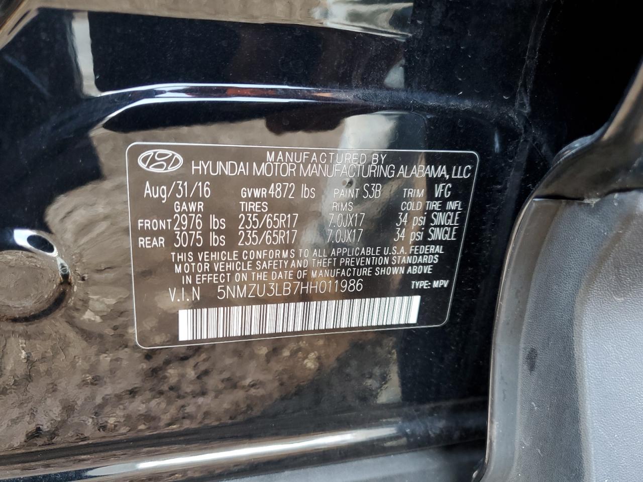 2017 Hyundai Santa Fe Sport VIN: 5NMZU3LB7HH011986 Lot: 64056715