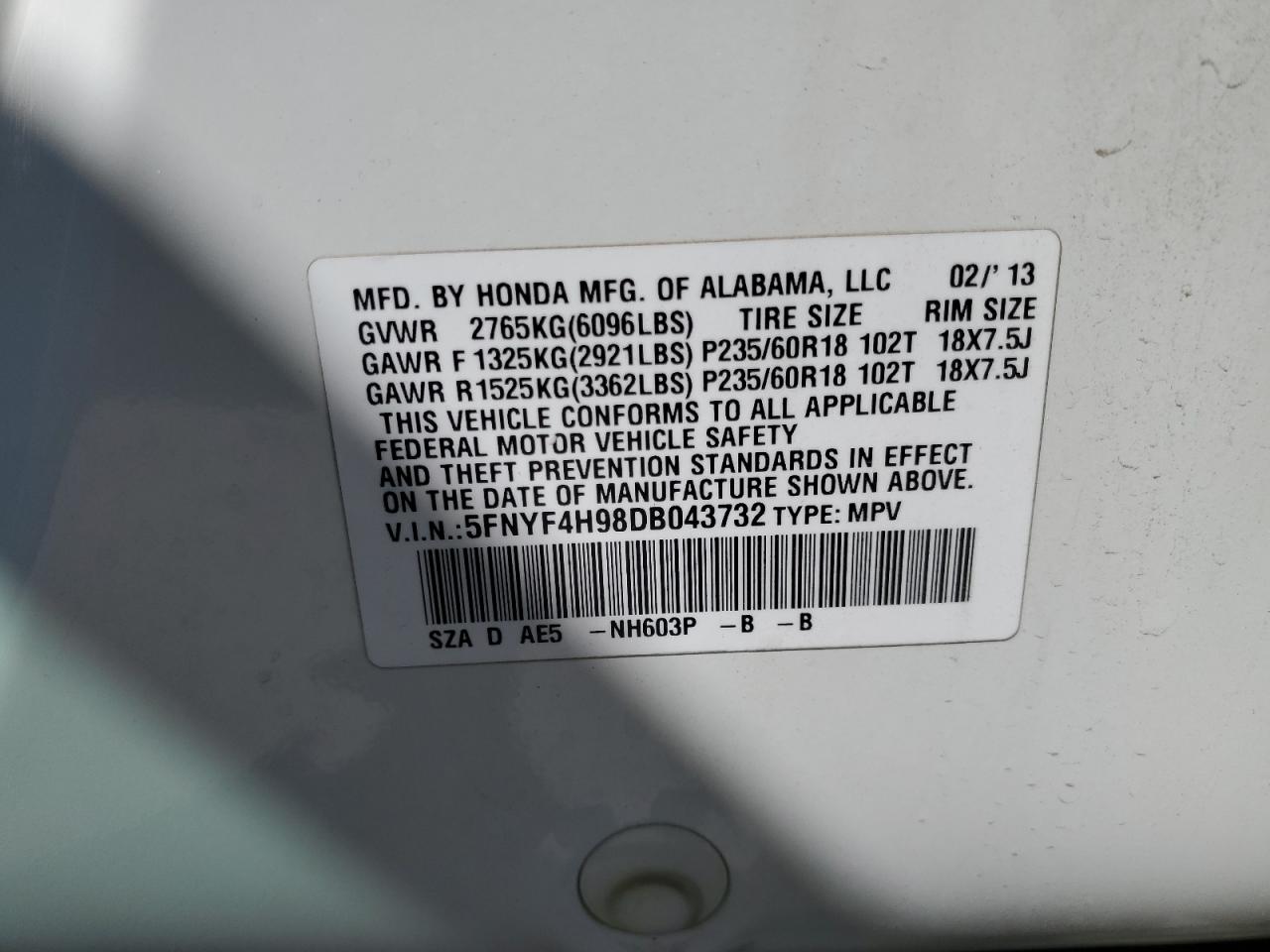 2013 Honda Pilot Touring VIN: 5FNYF4H98DB043732 Lot: 63623995