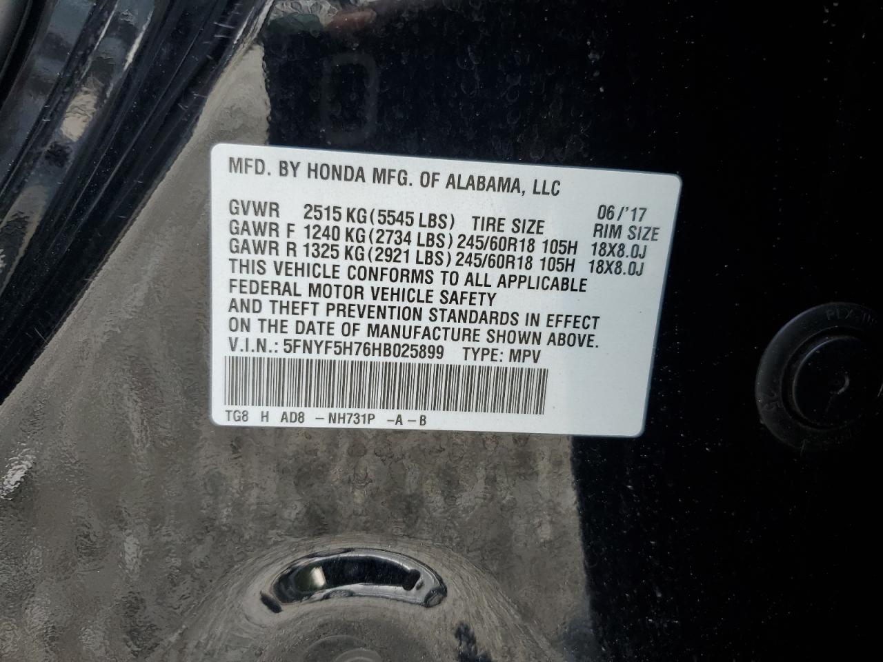2017 Honda Pilot Exln VIN: 5FNYF5H76HB025899 Lot: 63970435