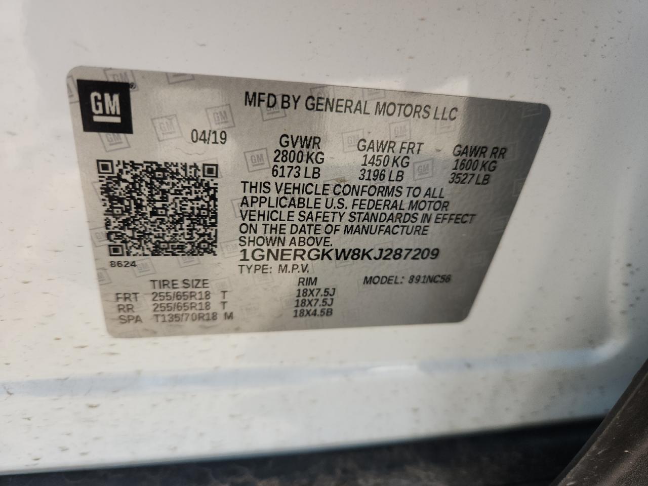2019 Chevrolet Traverse Lt VIN: 1GNERGKW8KJ287209 Lot: 64436735