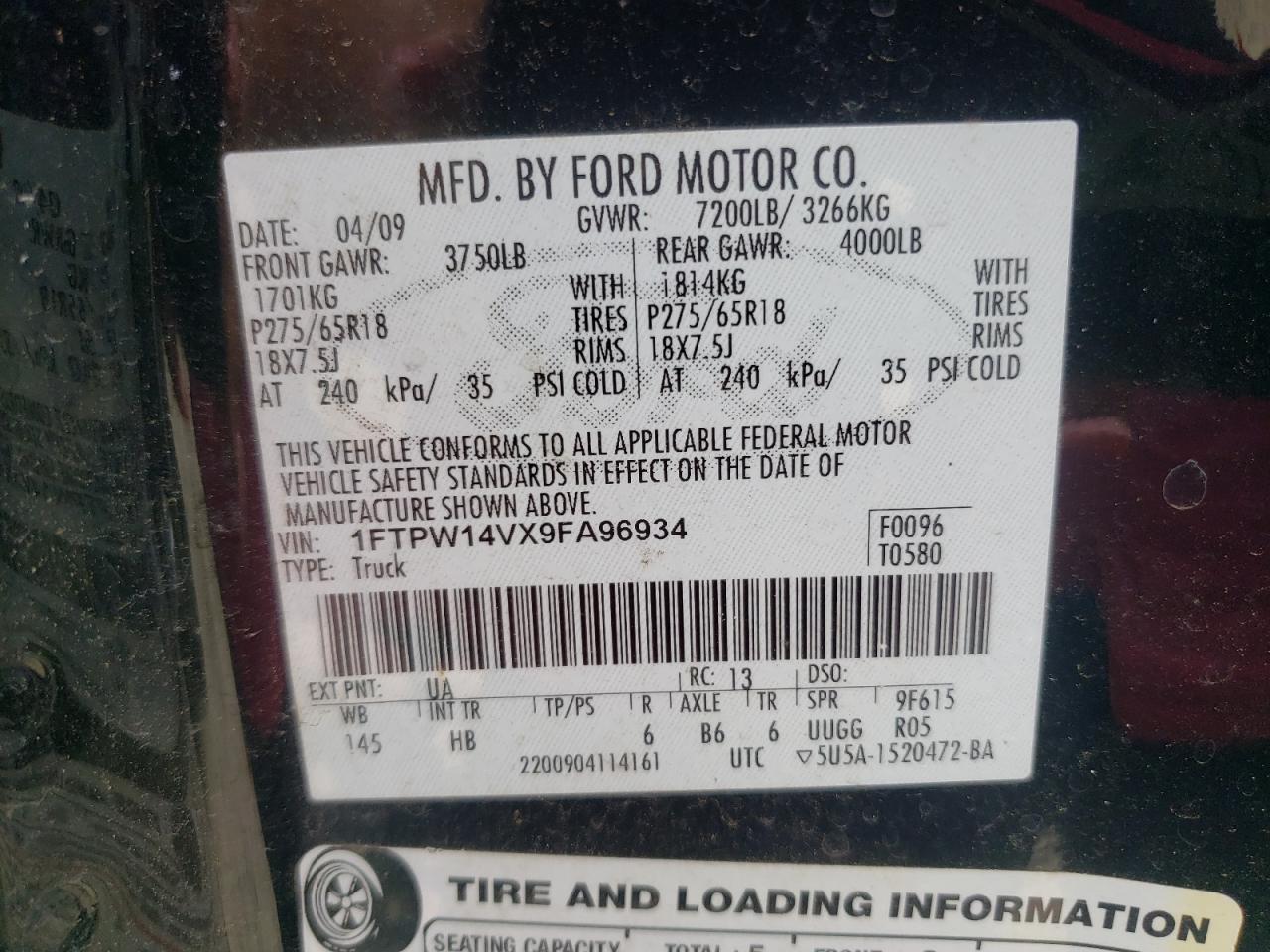 2009 Ford F150 Supercrew VIN: 1FTPW14VX9FA96934 Lot: 64370895