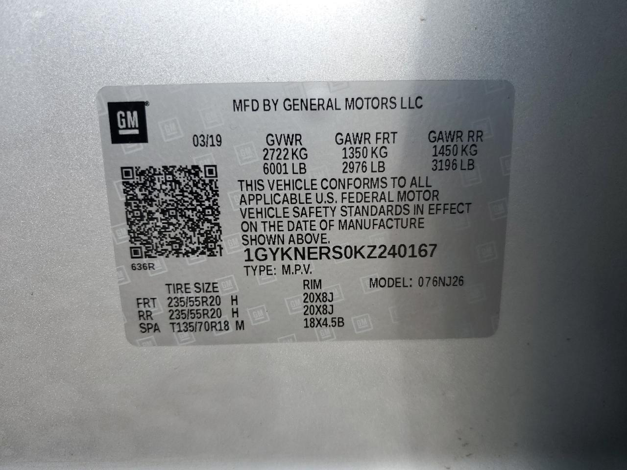 2019 Cadillac Xt5 Premium Luxury VIN: 1GYKNERS0KZ240167 Lot: 62981745