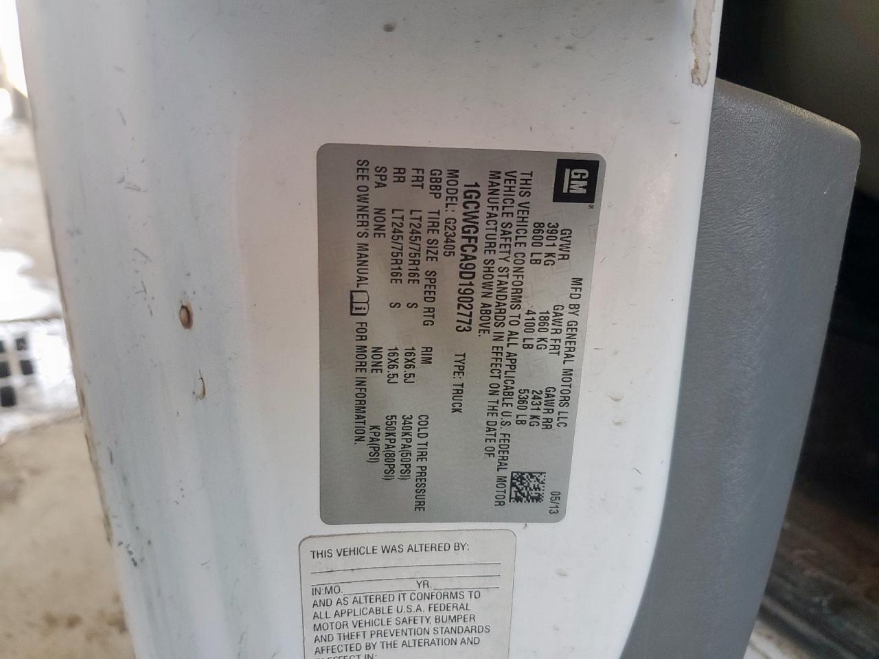 2013 Chevrolet Express G2500 VIN: 1GCWGFCA9D1902773 Lot: 65227435