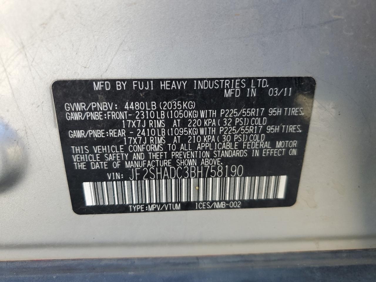 2011 Subaru Forester 2.5X Premium VIN: JF2SHADC3BH758190 Lot: 65018135
