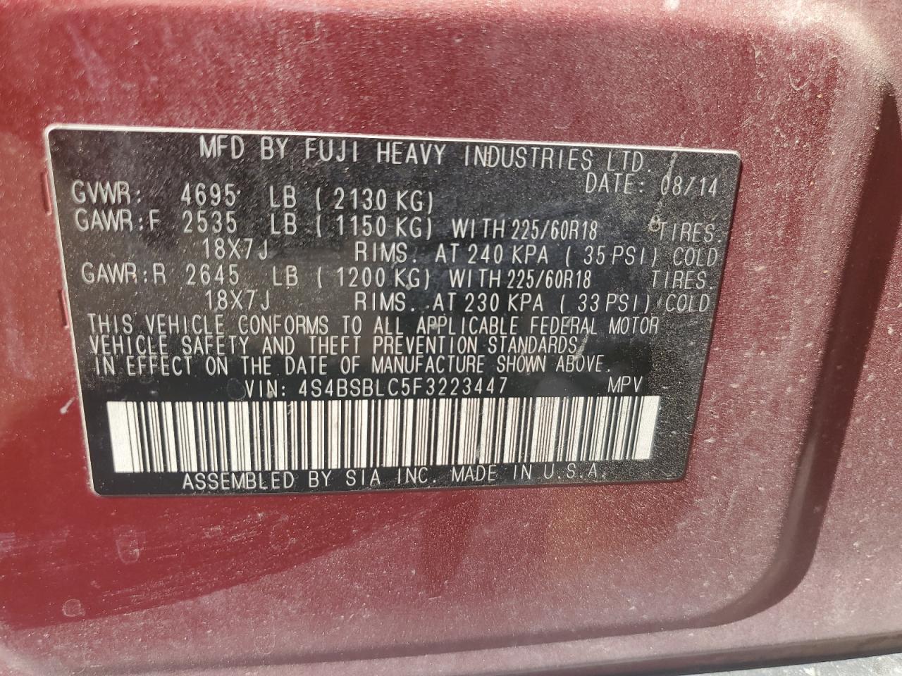 2015 Subaru Outback 2.5I Limited VIN: 4S4BSBLC5F3223447 Lot: 64297555