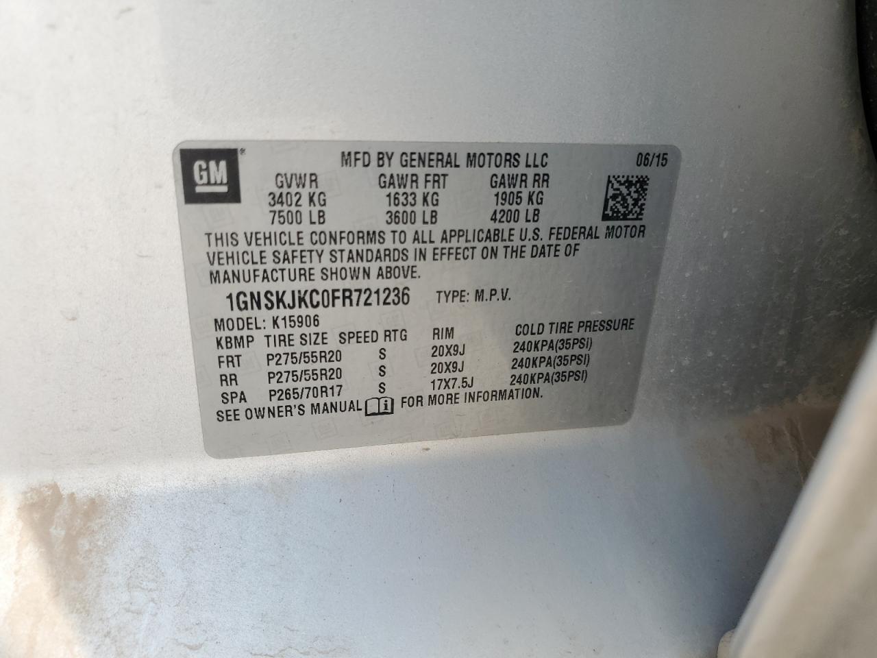 1gnskjkc0fr721236 1GNSKJKC0FR721236 2015 Chevrolet Suburban K1500 Lt