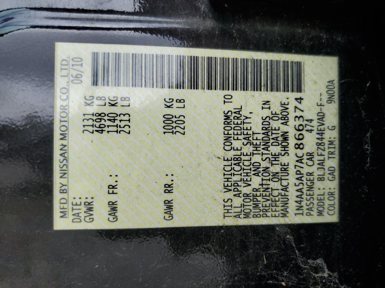 2010 Nissan Maxima S VIN: 1N4AA5AP7AC866374 Lot: 64079745