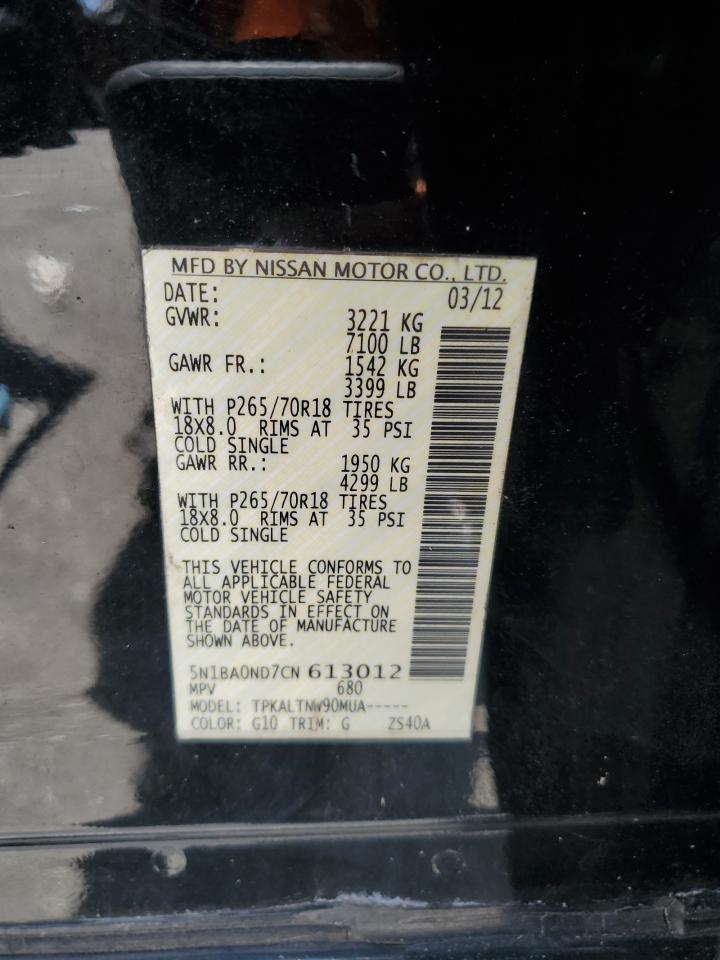 2012 Nissan Armada Sv VIN: 5N1BA0ND7CN613012 Lot: 64418755