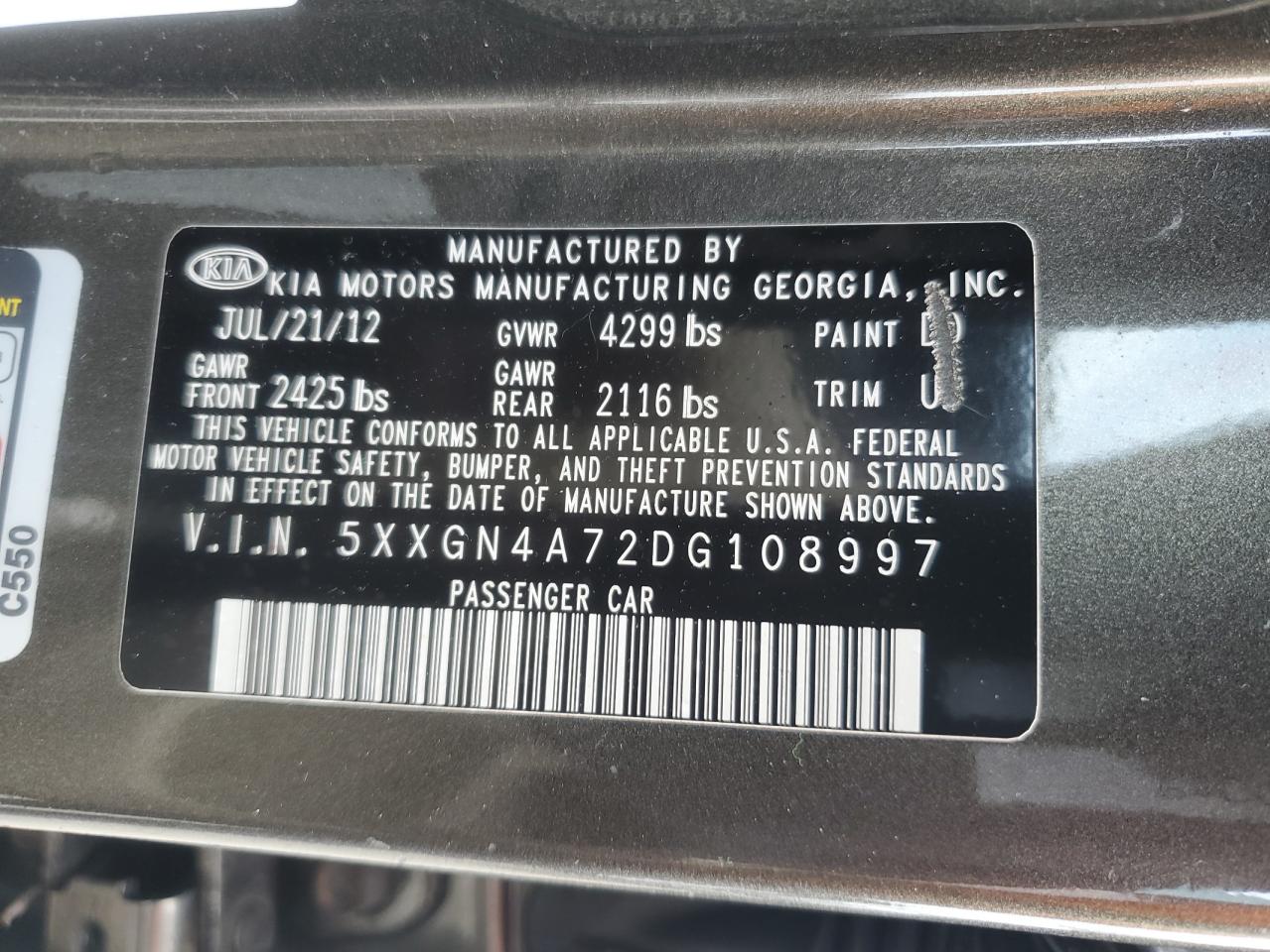 2013 Kia Optima Ex VIN: 5XXGN4A72DG108997 Lot: 62954825