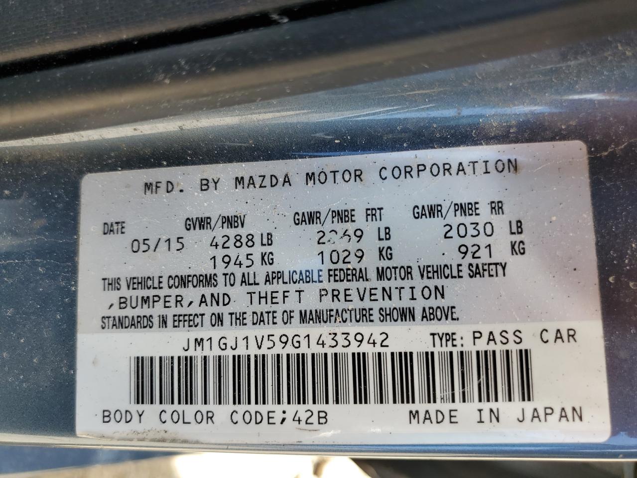 2016 Mazda 6 Touring VIN: JM1GJ1V59G1433942 Lot: 63754895