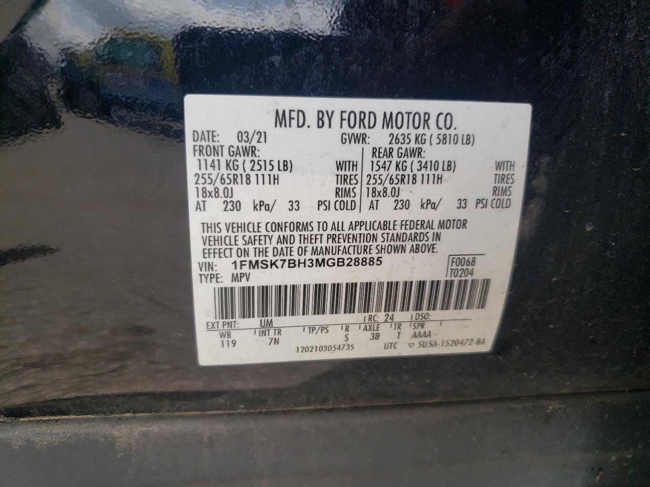 2021 Ford Explorer VIN: 1FMSK7BH3MGB28885 Lot: 64650115