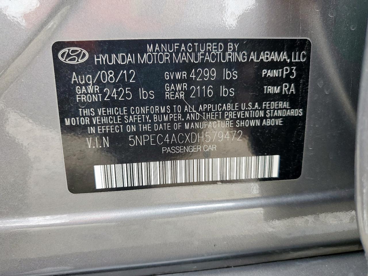 2013 Hyundai Sonata Se VIN: 5NPEC4ACXDH579472 Lot: 64094025