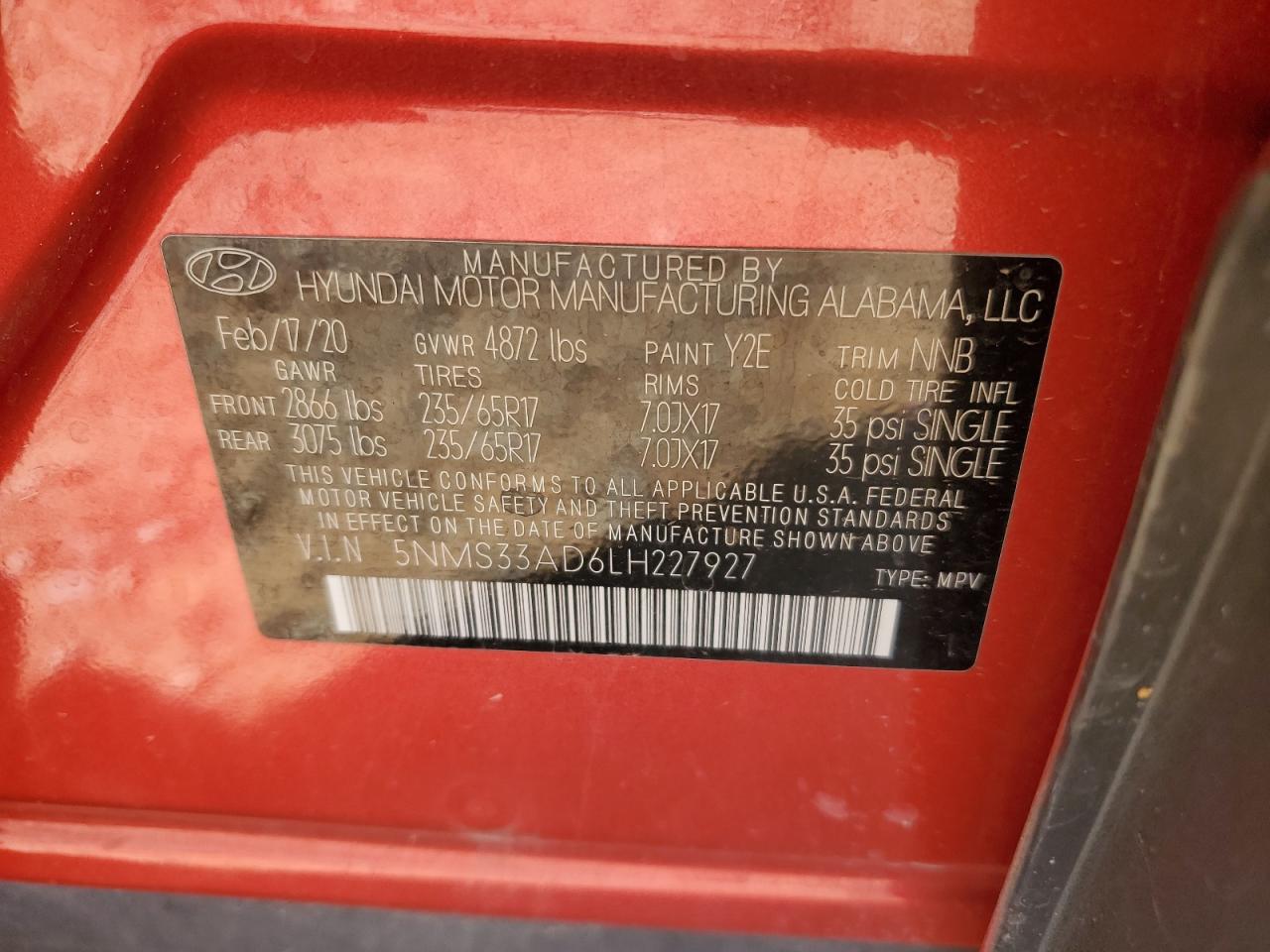 2020 Hyundai Santa Fe Sel VIN: 5NMS33AD6LH227927 Lot: 64292135