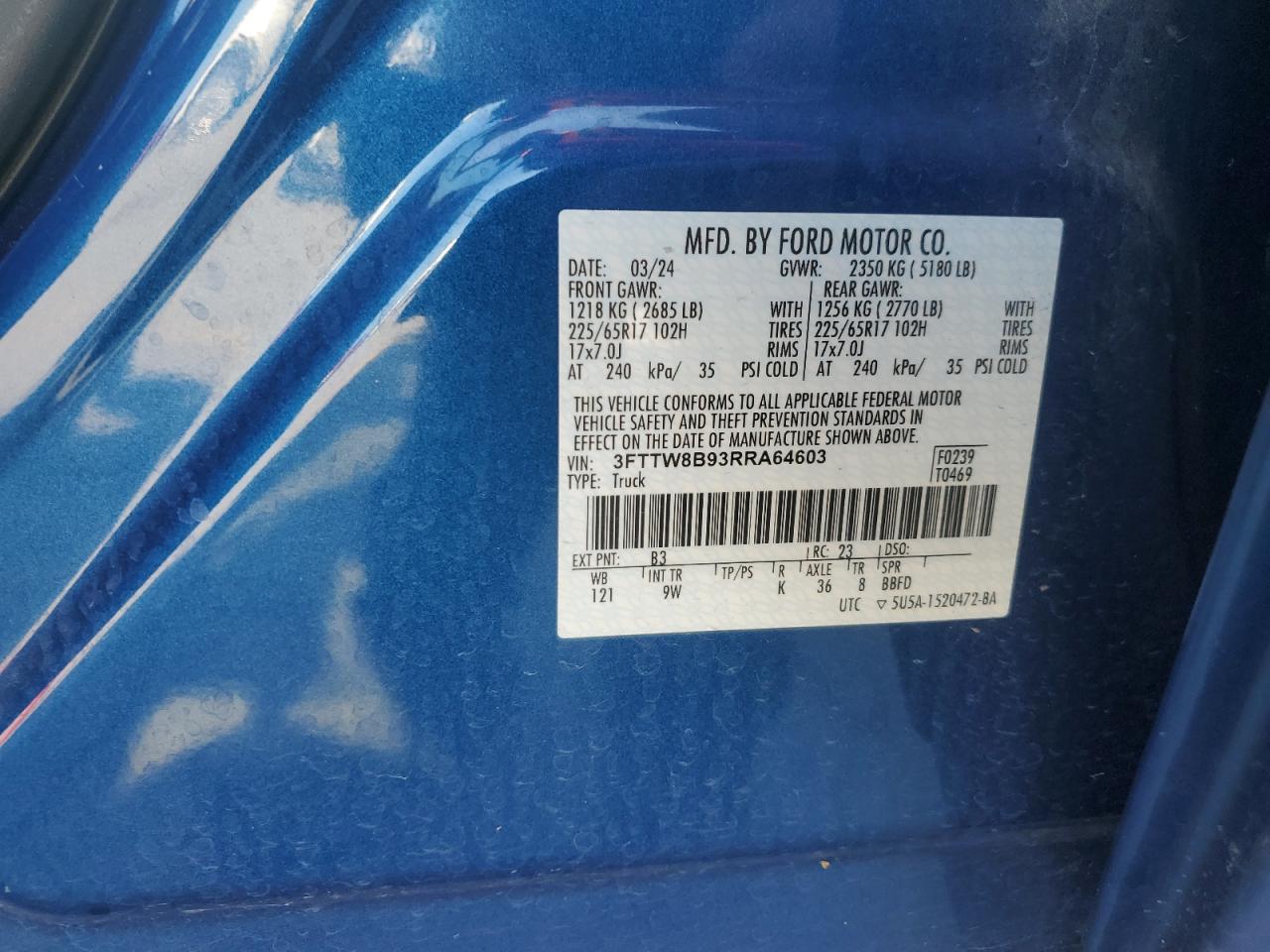 2024 Ford Maverick Xl VIN: 3FTTW8B93RRA64603 Lot: 64648905