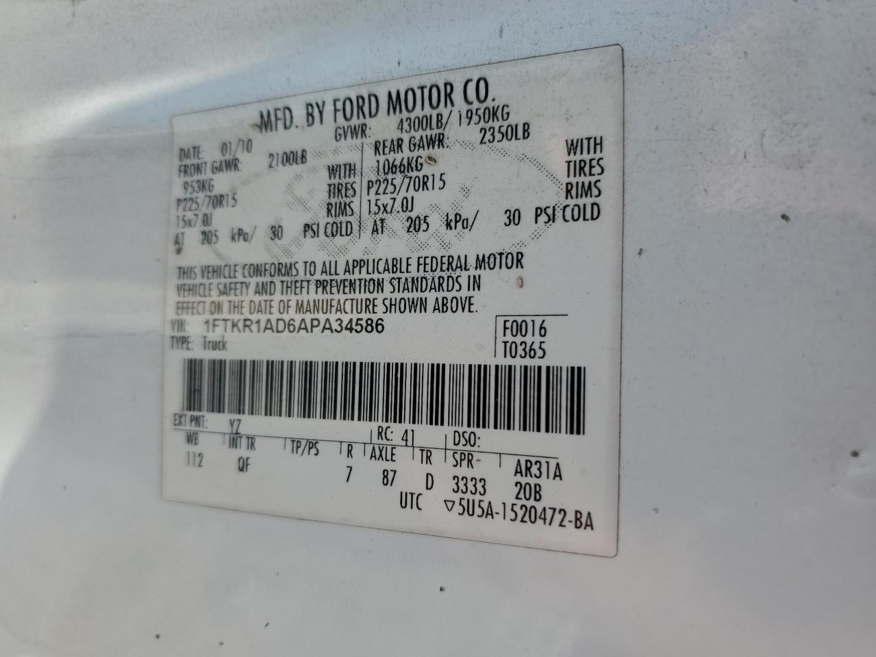 2010 Ford Ranger VIN: 1FTKR1AD6APA34586 Lot: 63902955
