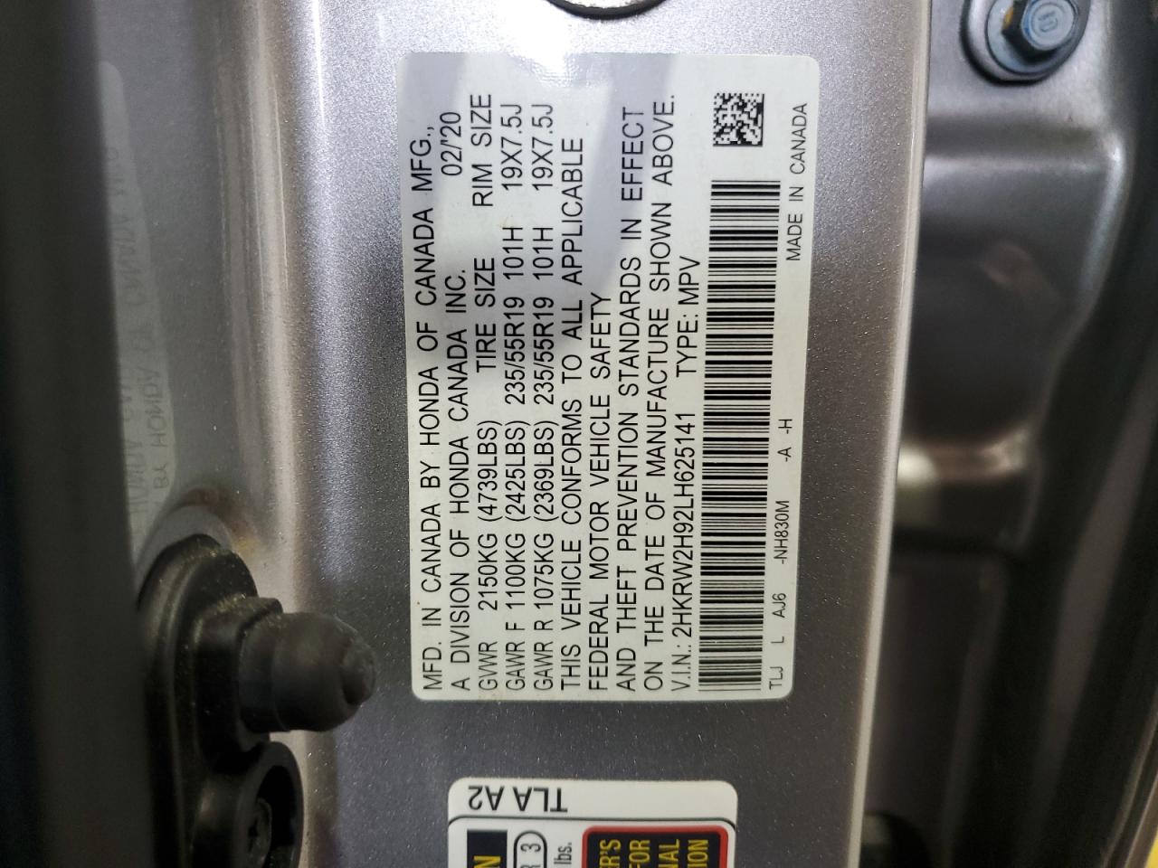 2020 Honda Cr-V Touring VIN: 2HKRW2H92LH625141 Lot: 64184515