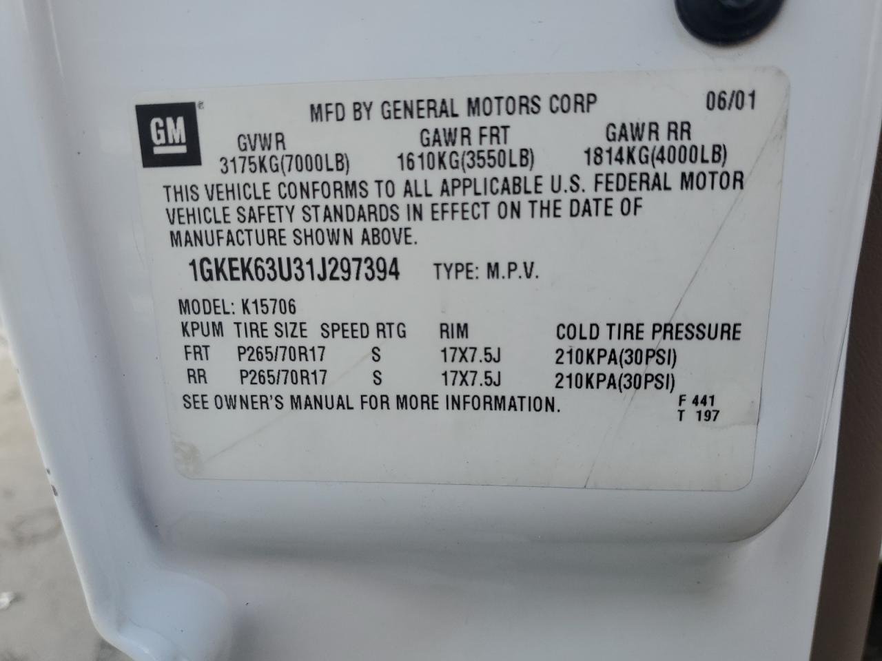 2001 GMC Denali VIN: 1GKEK63U31J297394 Lot: 63292915