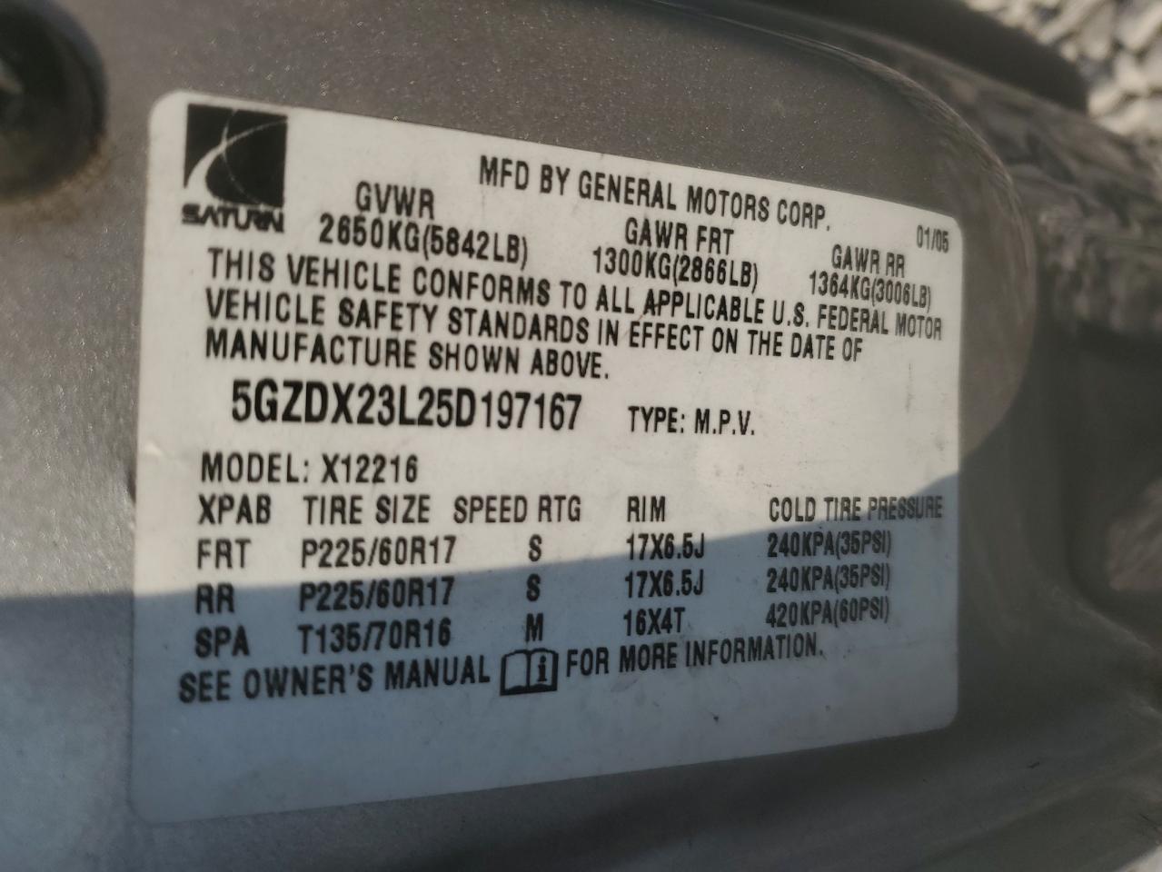 2005 Saturn Relay 3 VIN: 5GZDX23L25D197167 Lot: 64124425