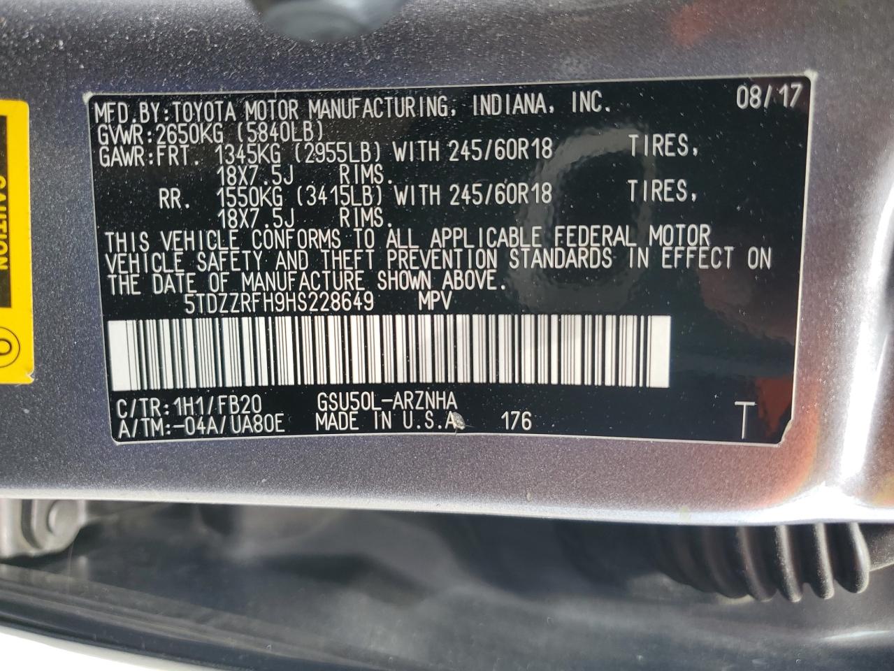 2017 Toyota Highlander Le VIN: 5TDZZRFH9HS228649 Lot: 64817125