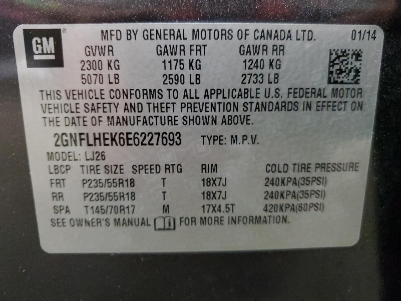 2014 Chevrolet Equinox Ltz VIN: 2GNFLHEK6E6227693 Lot: 65208175