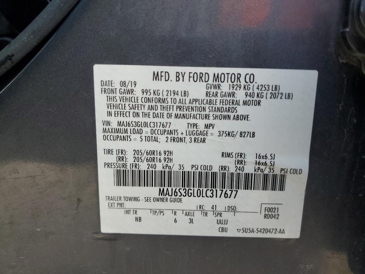 2020 Ford Ecosport Se VIN: MAJ6S3GL0LC317677 Lot: 64838115