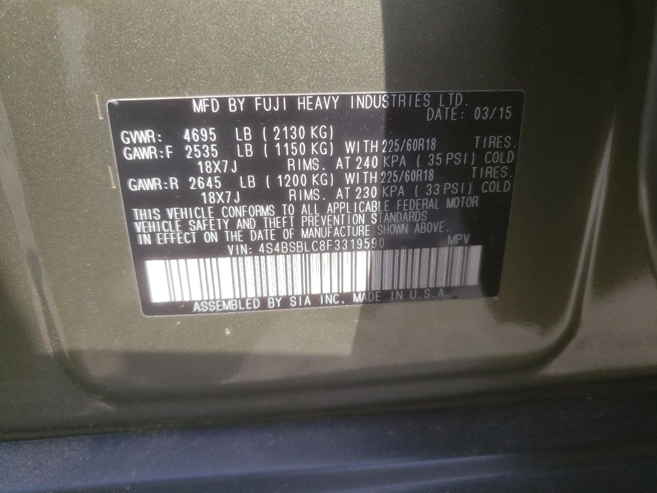 2015 Subaru Outback 2.5I Limited VIN: 4S4BSBLC8F3319590 Lot: 63086995