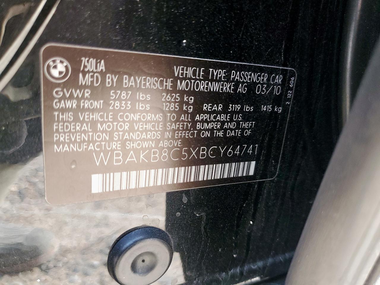 2011 BMW 750 Li VIN: WBAKB8C5XBCY64741 Lot: 63798285