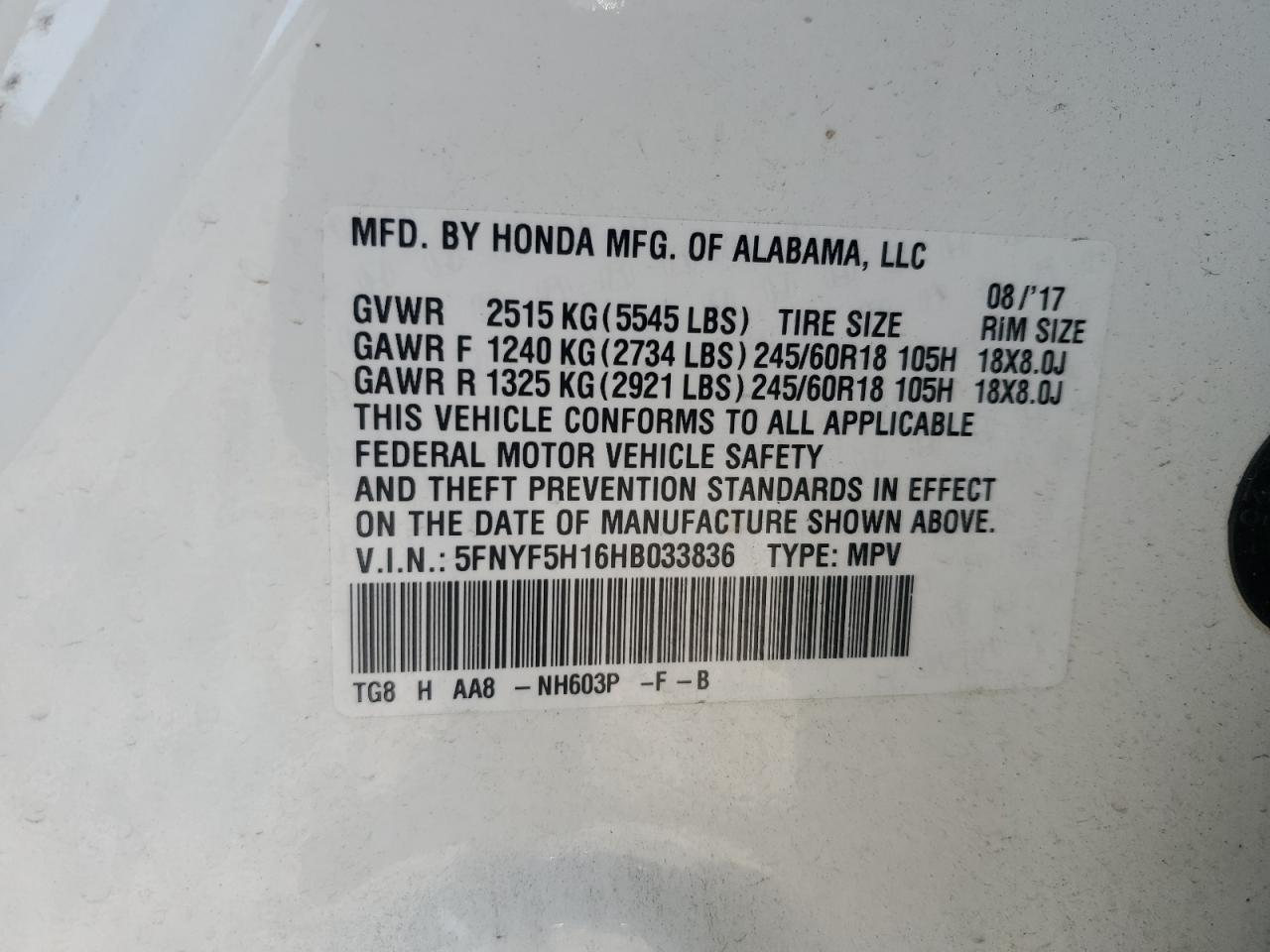 2017 Honda Pilot Lx VIN: 5FNYF5H16HB033836 Lot: 64849205