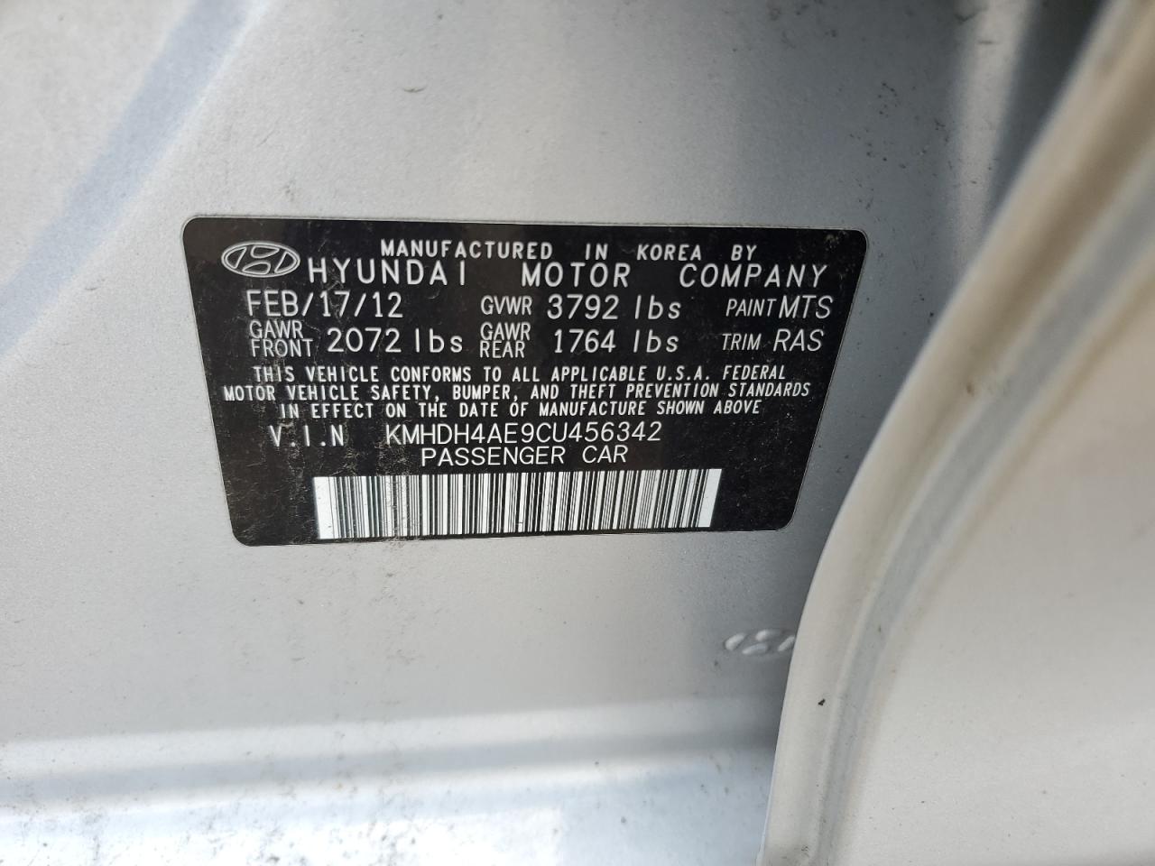 2012 Hyundai Elantra Gls VIN: KMHDH4AE9CU456342 Lot: 65537825