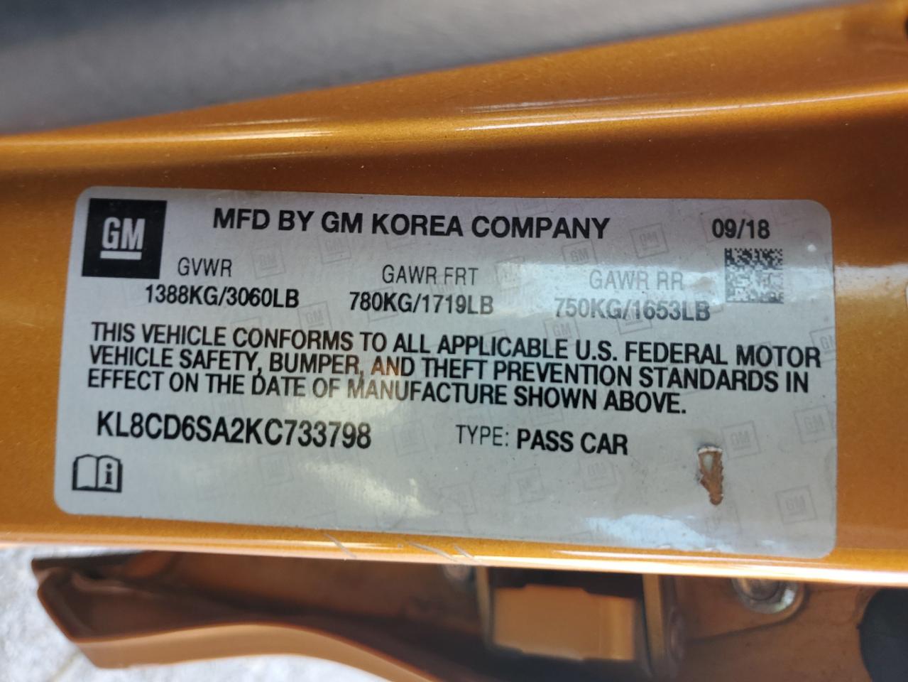 2019 Chevrolet Spark 1Lt VIN: KL8CD6SA2KC733798 Lot: 64031305