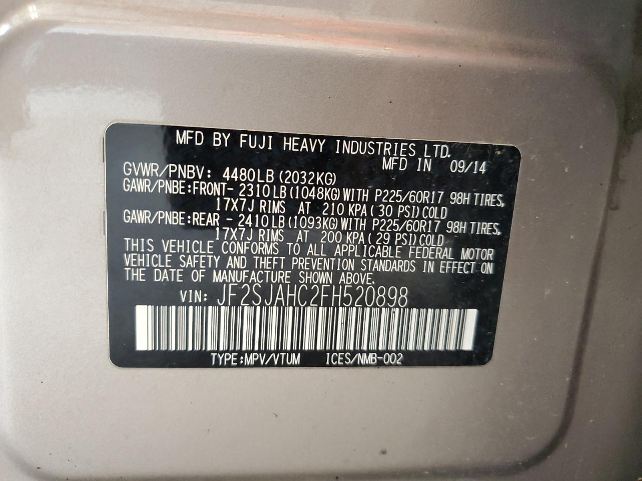 2015 Subaru Forester 2.5I Limited VIN: JF2SJAHC2FH520898 Lot: 62942855