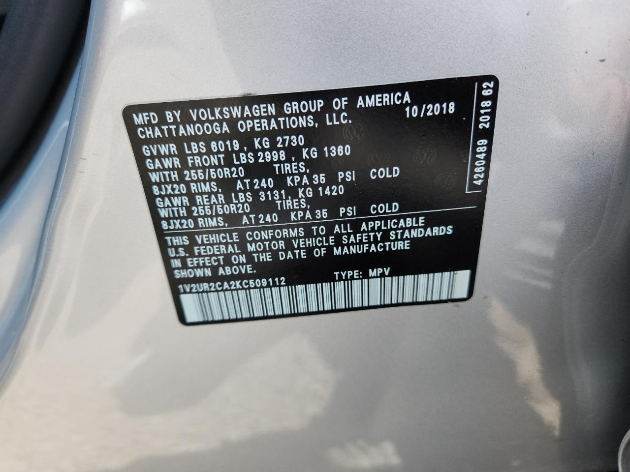 2019 Volkswagen Atlas Se VIN: 1V2UR2CA2KC509112 Lot: 64765825