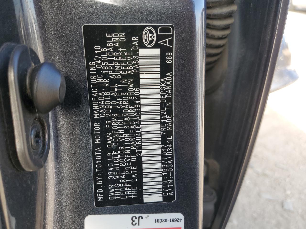 2010 Toyota Corolla Base VIN: 2T1BU4EE4AC384106 Lot: 65006225