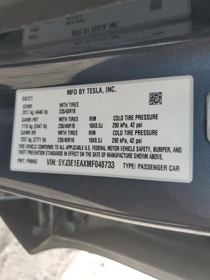 2021 Tesla Model 3 VIN: 5YJ3E1EAXMF048733 Lot: 65002765