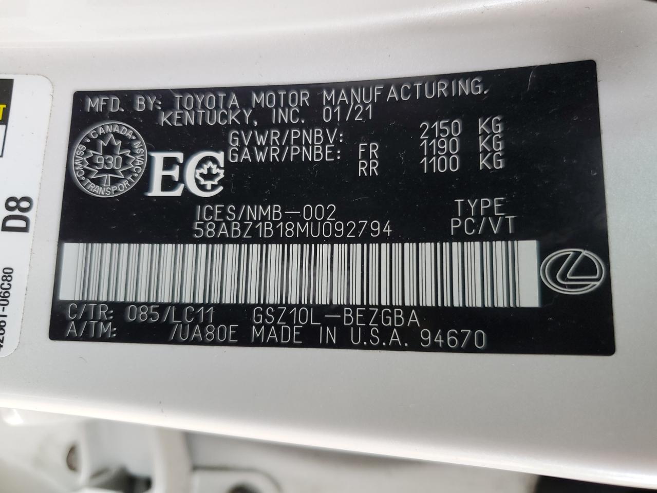 2021 Lexus Es 350 VIN: 58ABZ1B18MU092794 Lot: 59786175
