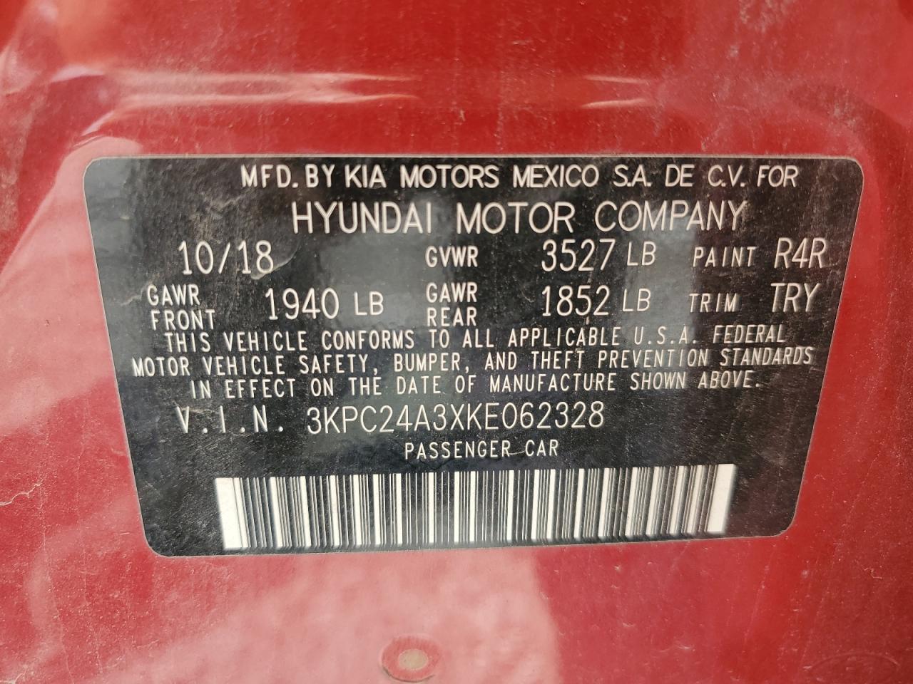 2019 Hyundai Accent Se VIN: 3KPC24A3XKE062328 Lot: 63020435