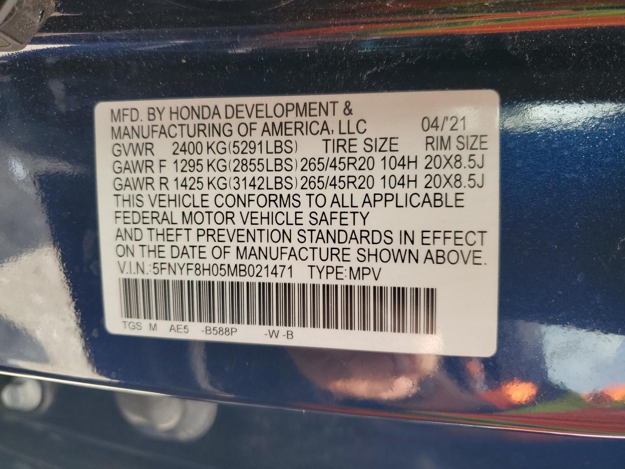 2021 Honda Passport Elite VIN: 5FNYF8H05MB021471 Lot: 62143845