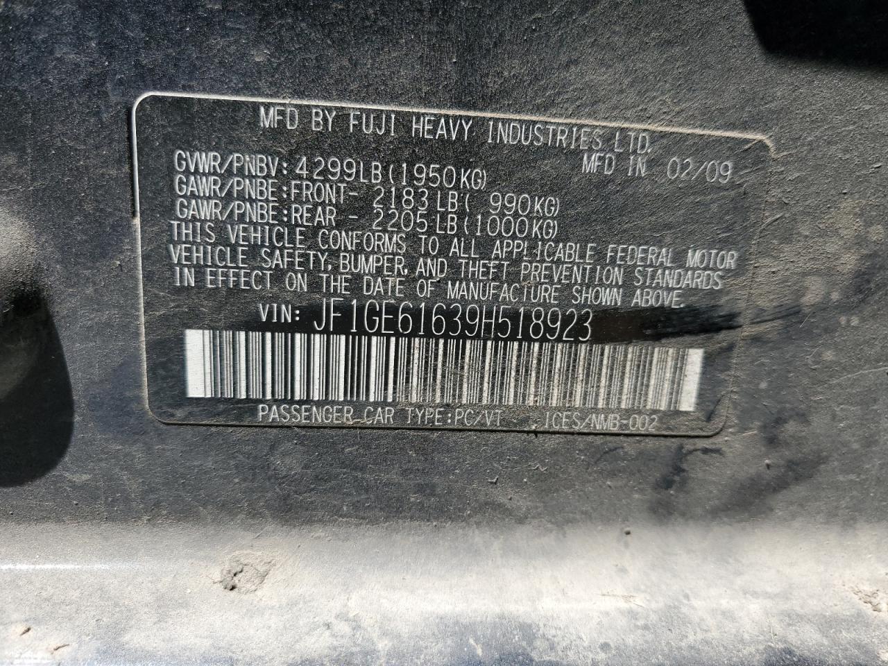 2009 Subaru Impreza 2.5I VIN: JF1GE61639H518923 Lot: 65097545