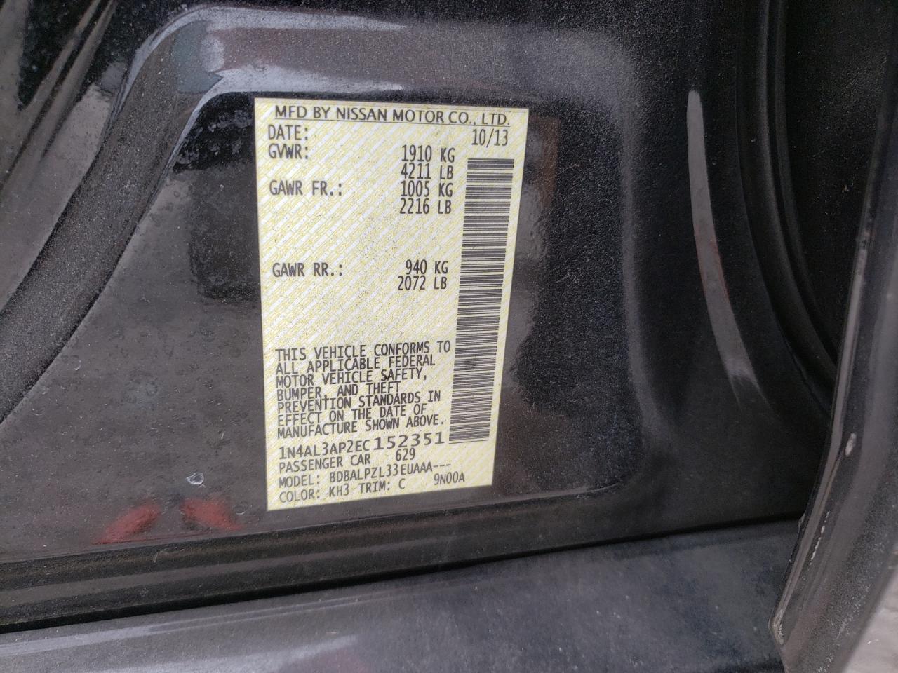 2014 Nissan Altima 2.5 VIN: 1N4AL3AP2EC152351 Lot: 63314525