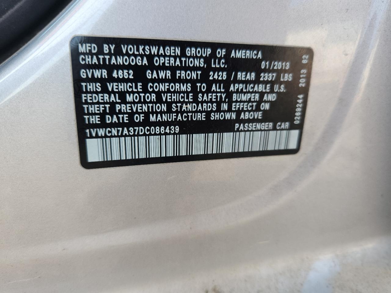2013 Volkswagen Passat Sel VIN: 1VWCN7A37DC086439 Lot: 64470935