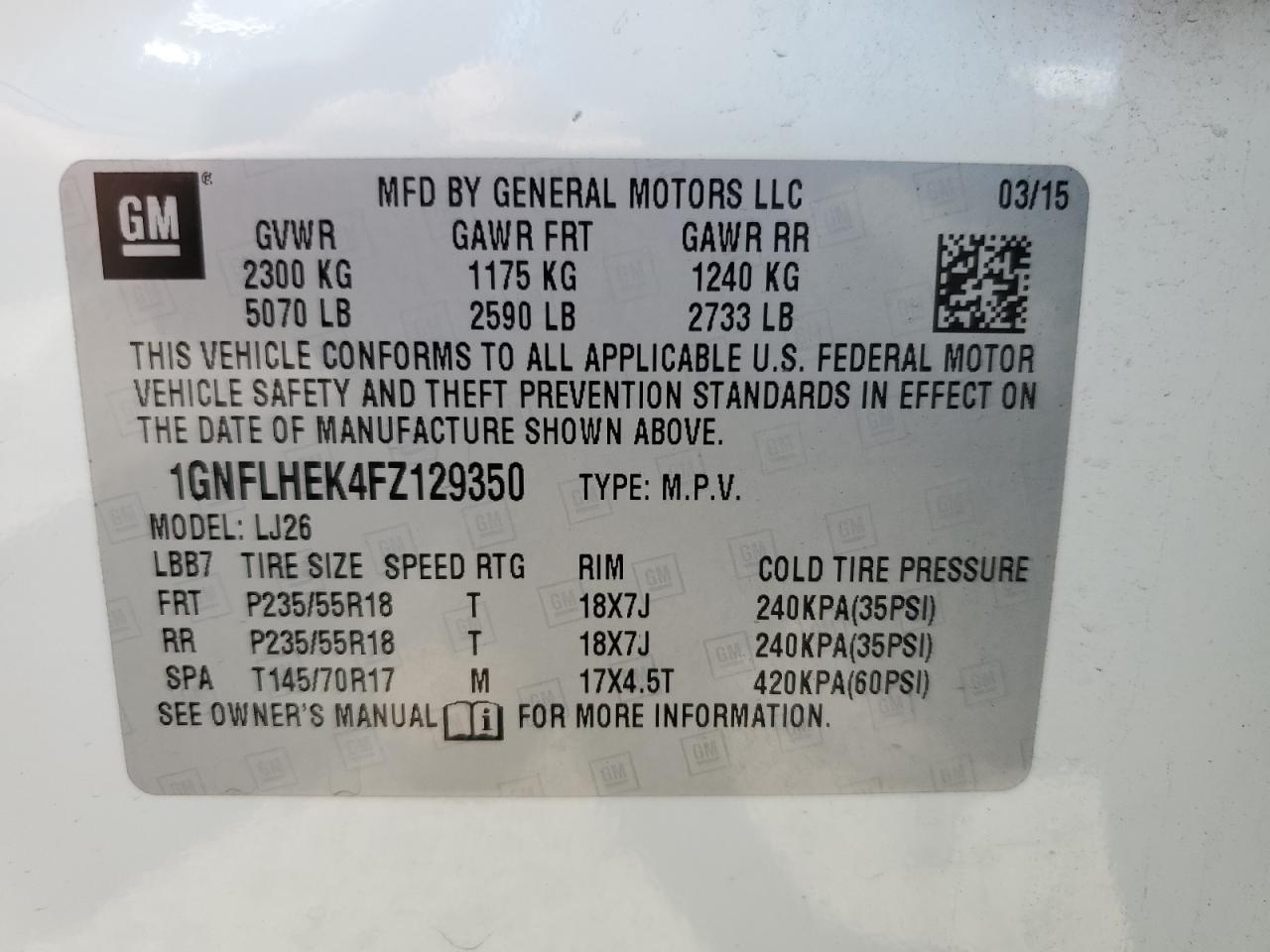 2015 Chevrolet Equinox Ltz VIN: 1GNFLHEK4FZ129350 Lot: 65270255
