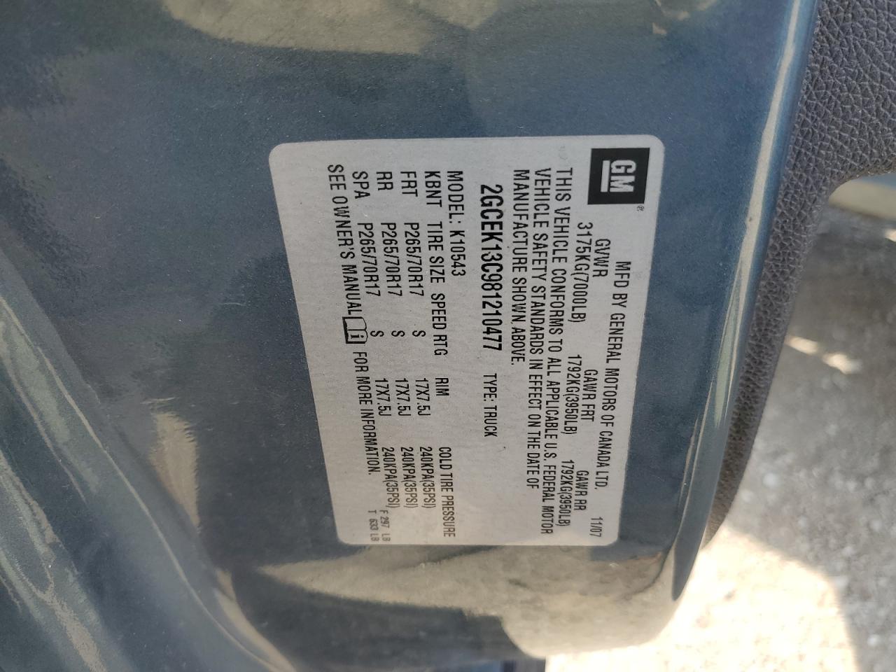 2008 Chevrolet Silverado K1500 VIN: 2GCEK13C981210477 Lot: 64553375