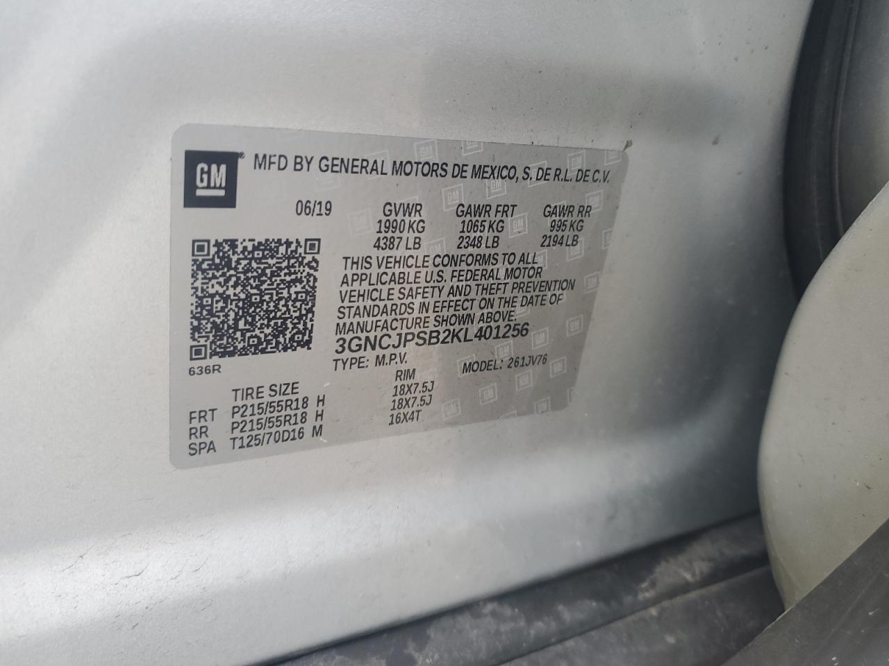 2019 Chevrolet Trax 1Lt VIN: 3GNCJPSB2KL401256 Lot: 64581385