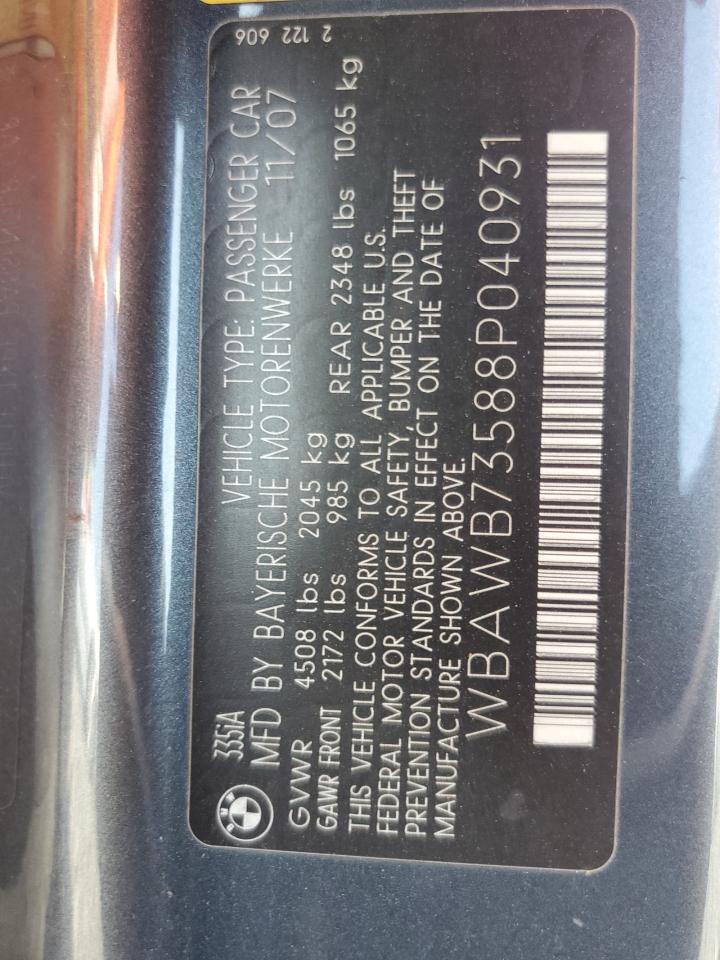 2008 BMW 335 I VIN: WBAWB73588P040931 Lot: 64026885