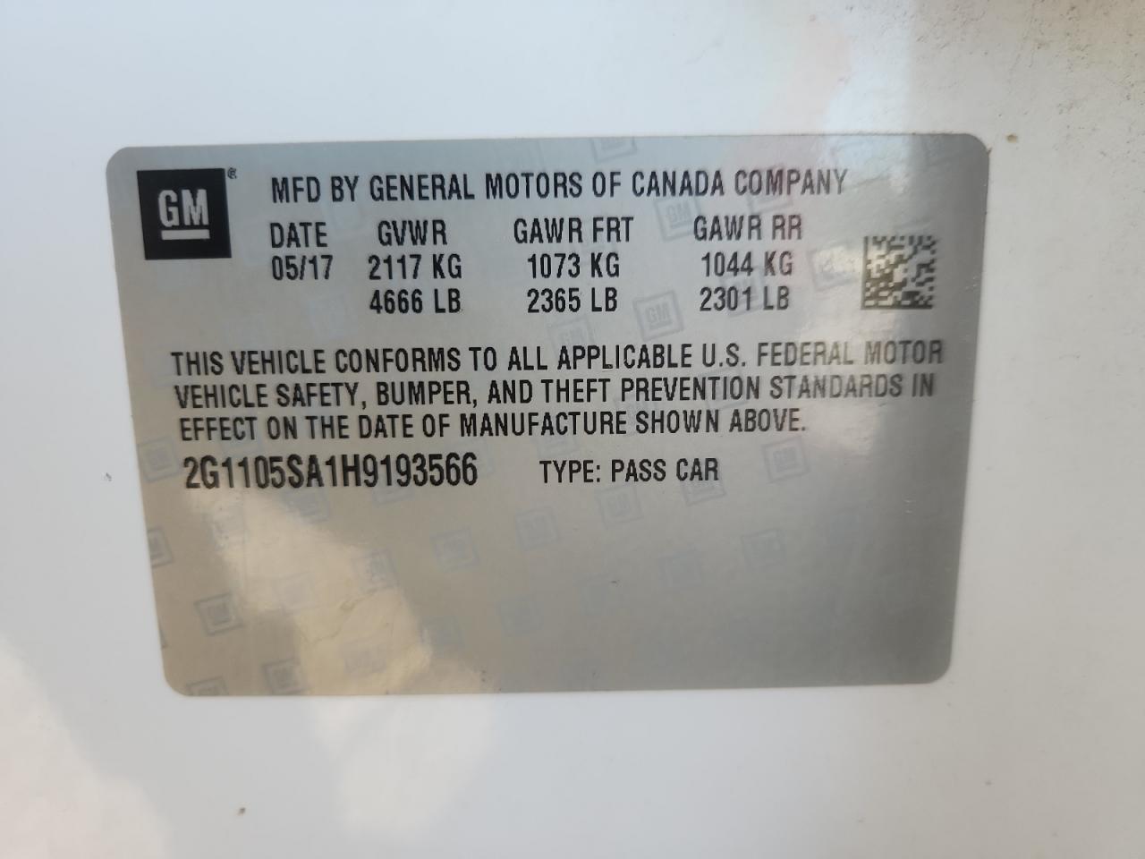 2017 Chevrolet Impala Lt VIN: 2G1105SA1H9193566 Lot: 64753635