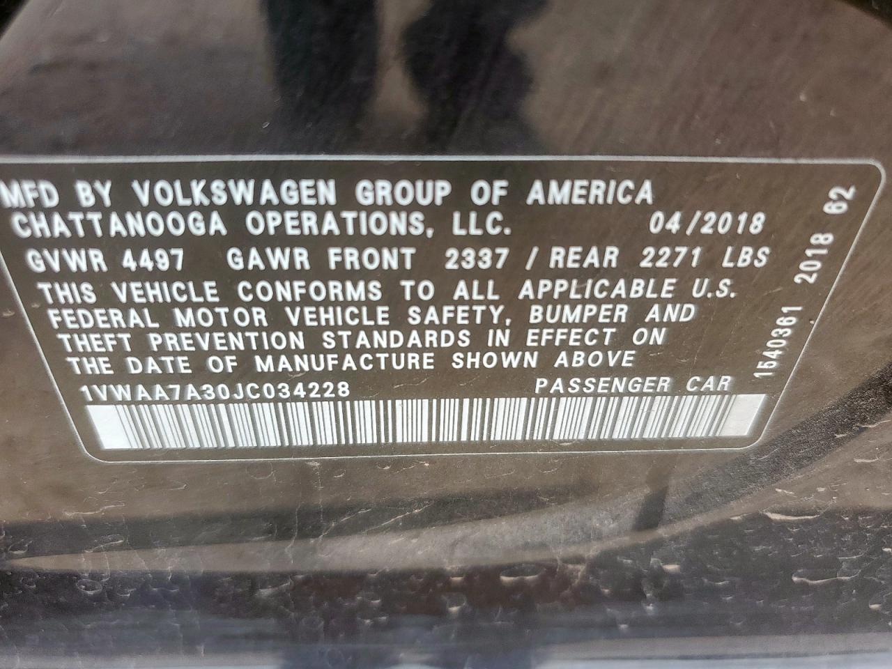 2018 Volkswagen Passat S VIN: 1VWAA7A30JC034228 Lot: 64270735