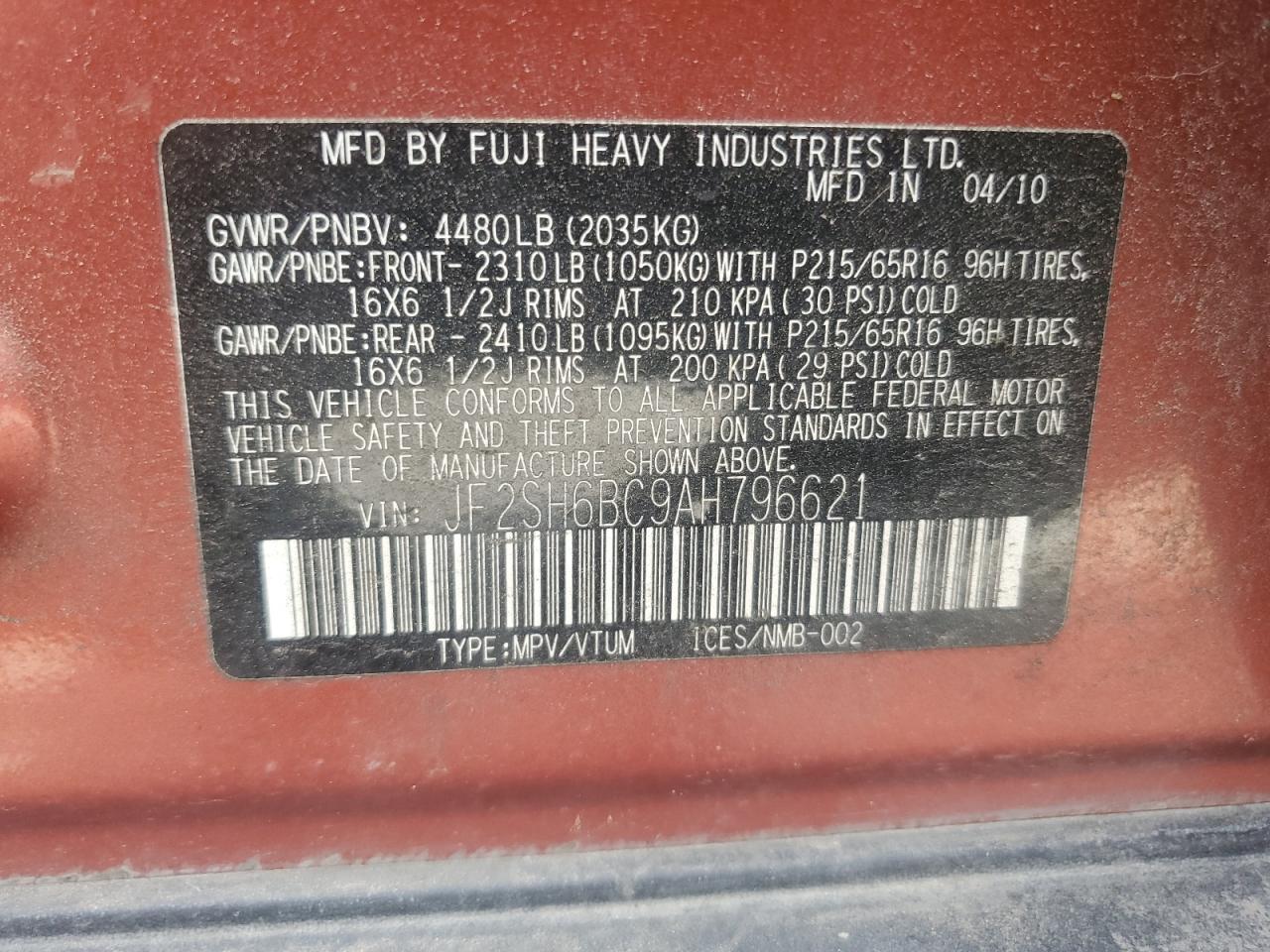 2010 Subaru Forester Xs VIN: JF2SH6BC9AH796621 Lot: 64026665